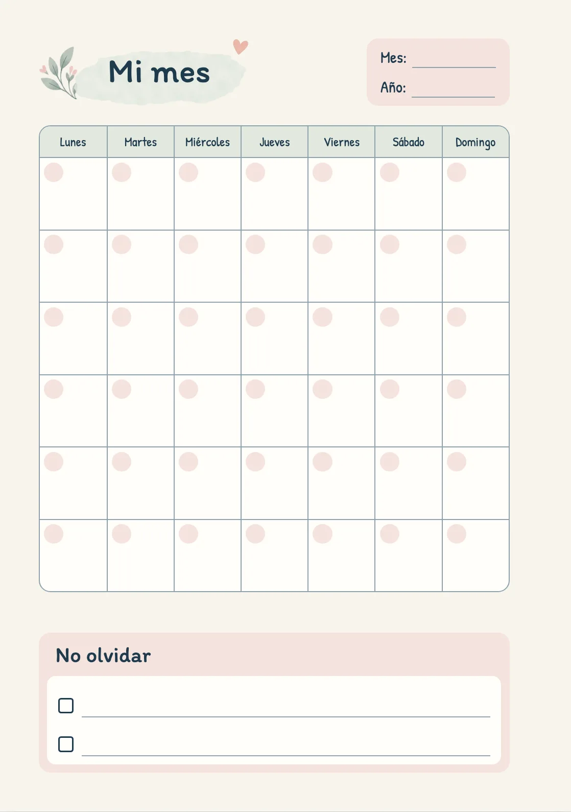 Página Mi mes: calendario sin fechas